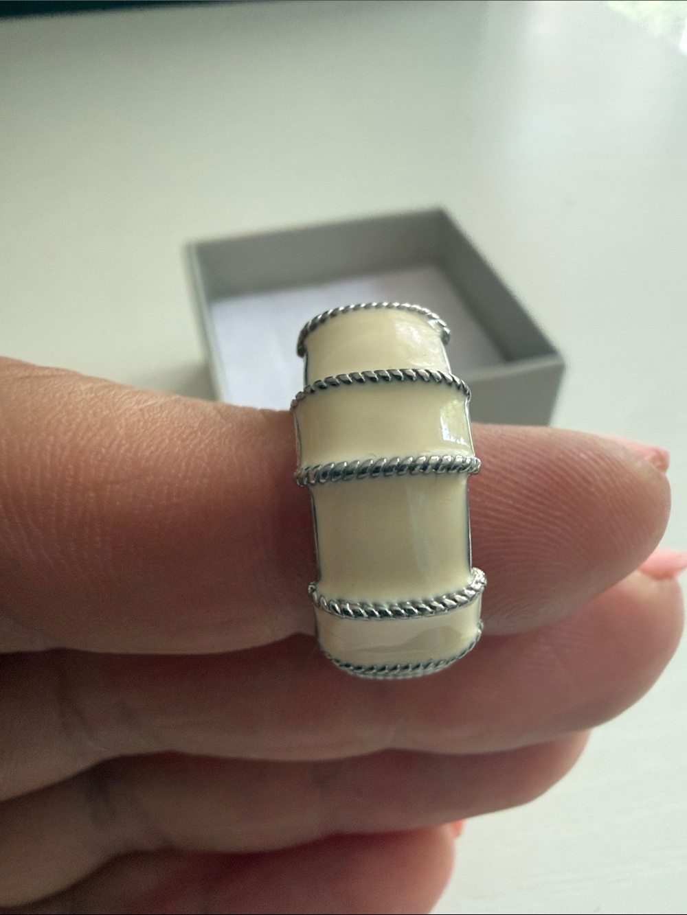 Off-White Enamel Silver-Trim Ring - Elegant Women's Band - Picture 8 of 9